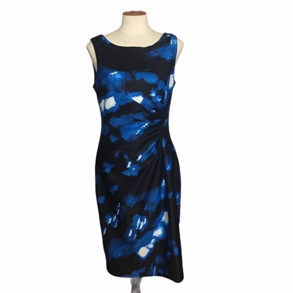 EUC Karl Lagerfeld Blue and Black Patterned Midi Cocktail Dress size 8